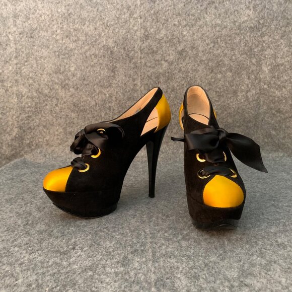 Casadei Black Yellow Suede Satin Lace Up Heels Platform Shoes - Picture 4 of 10